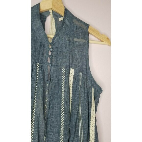 Ryu 100% Cotton Blue Semi Transparent Lace Accent Open Lower Back Blouse Size S - Picture 3 of 12